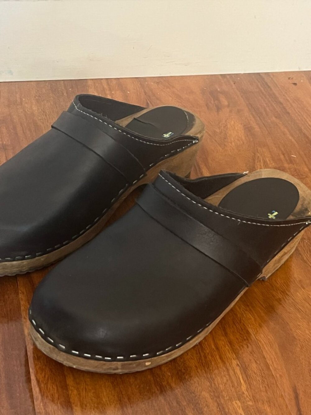 Wooden Swedish Clogs Size 40 Black Leather